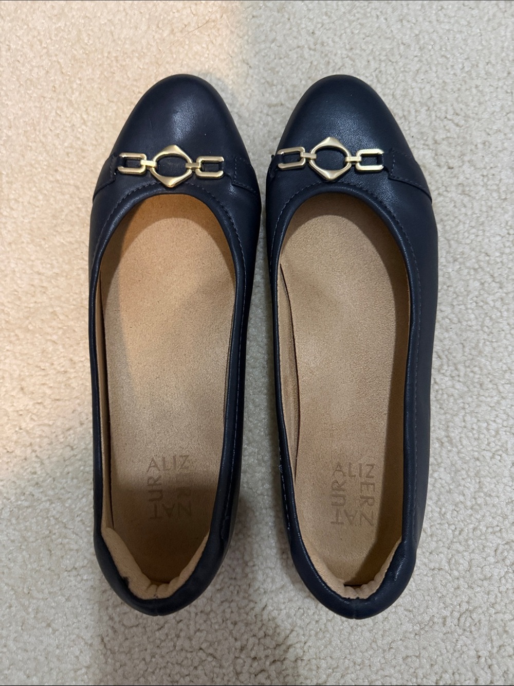 Naturalizer Navy Blue Ballet Flats with Gold Chain Accent